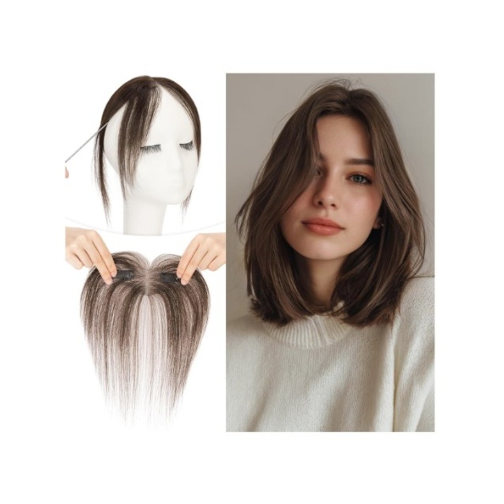 Real Human Hair Clip in Bangs Middle Part Dark Brown Brunette Natural Light